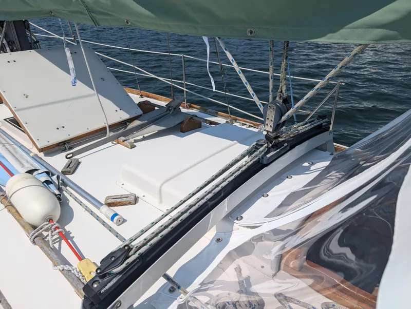 Slide: The Image of Hinckley Bermuda 40 Yawl 1974 deck view with rigging and equipment. - 18