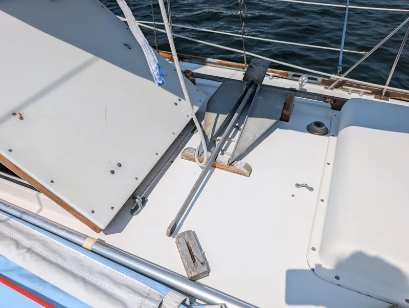 Slide: The Image of Deck of 1974 Hinckley Bermuda 40 Yawl with anchor and hatch. - 19