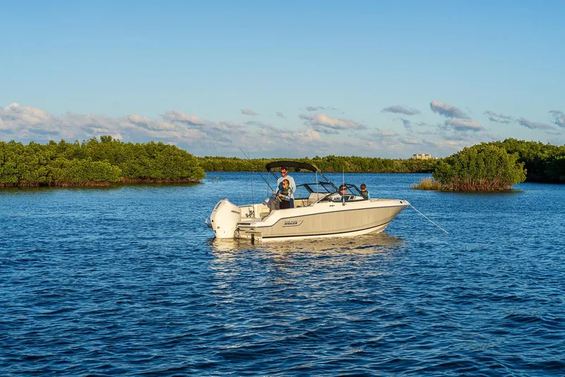 Slide: The Image of 2024 Boston Whaler 210 Vantage boat cruising on a serene lake. - 13