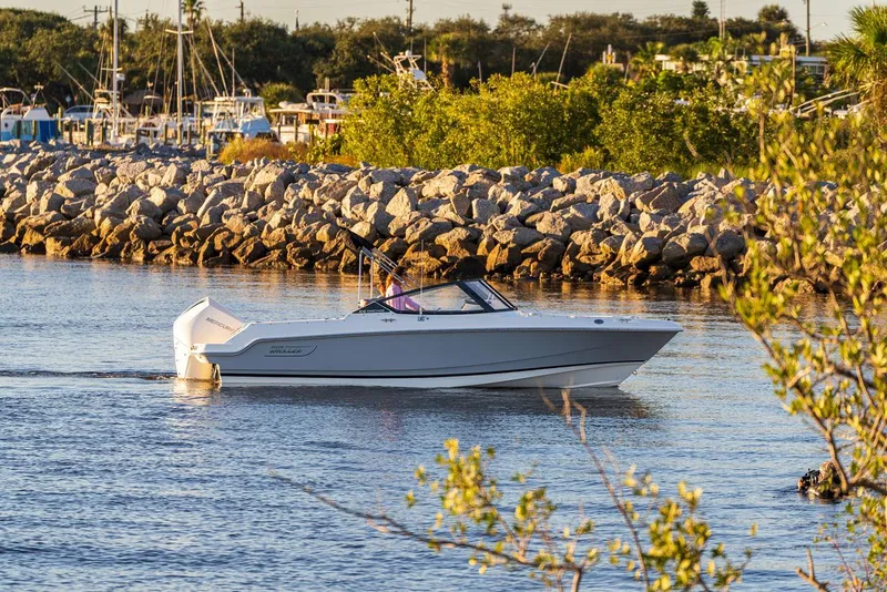 Slide: The Image of 2024 Boston Whaler 210 Vantage cruising near rocky shoreline. - 30