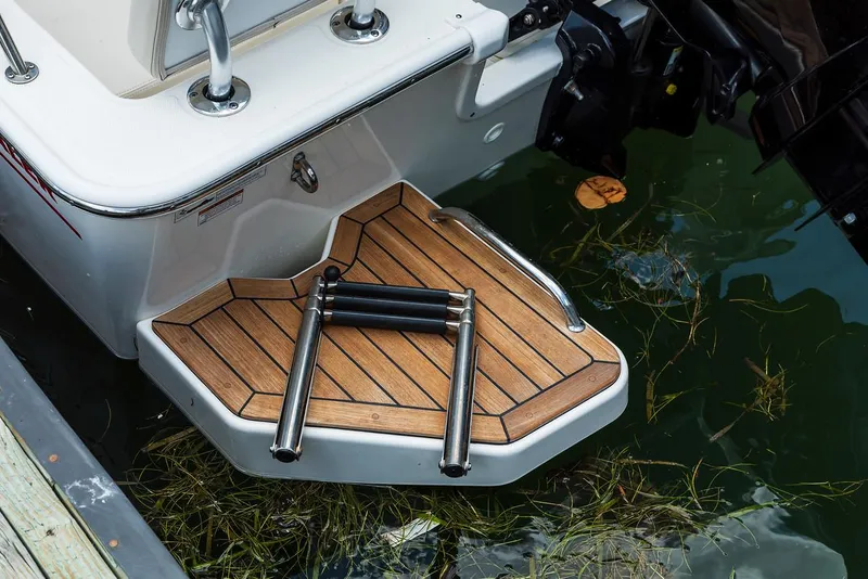 Slide: The Image of Boston Whaler 190 Montauk 2025 swim platform with ladder in water. - 15