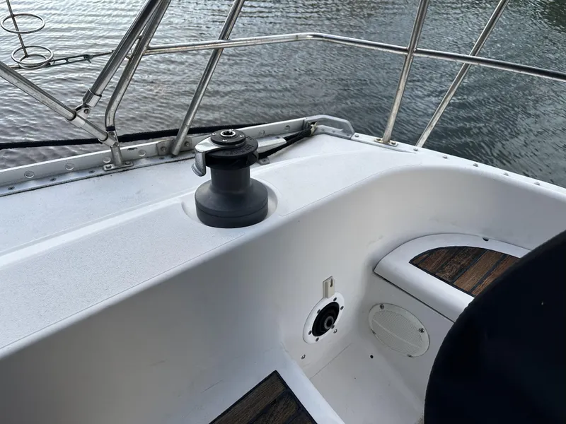 Slide: The Image of Cockpit of 1989 Canadian Sailcraft CS40 sailboat with winch and teak accents. - 36