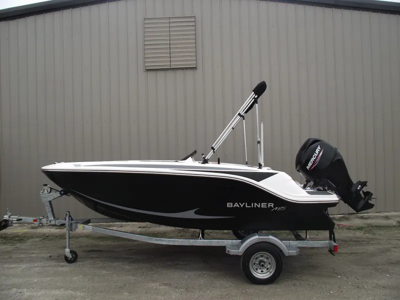 The Image of 2025 Bayliner Element M15 boat on trailer, black and white design. - 0