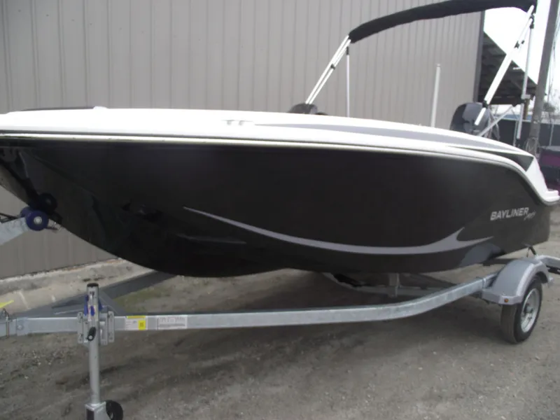 Slide: The Image of 2025 Bayliner Element M15 boat on trailer, black hull. - 1
