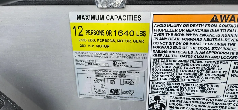 Slide: The Image of Capacity label for 2023 Sylvan Mirage X3 Tritoon: 12 persons or 1640 lbs, 250 HP motor. - 16