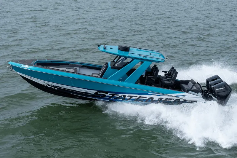 Slide: The Image of 2024 Statement 38 Open boat cruising on water, featuring sleek design and powerful engines. - 18