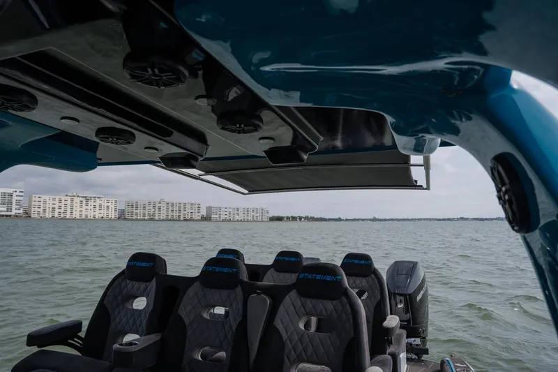 Slide: The Image of 2024 Statement 38 Open boat interior with luxury seating, on a calm water backdrop. - 43