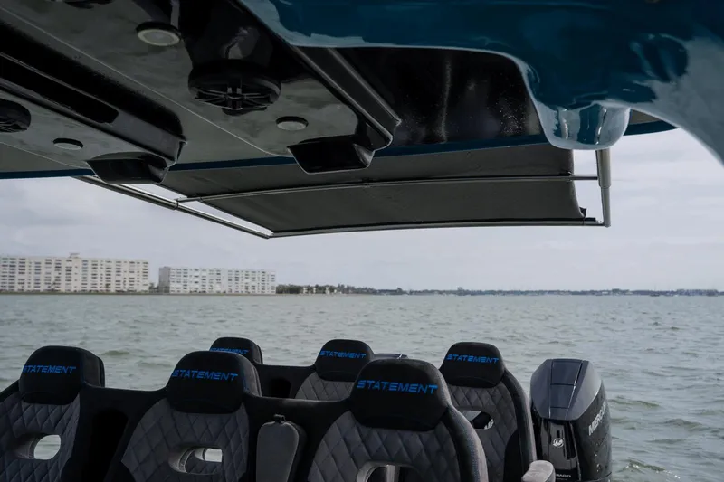Slide: The Image of 2024 Statement 38 Open boat interior with luxury seating on the water. - 44