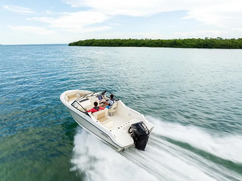 Slide: The Image of 2024 Boston Whaler 210 Vantage cruising on open water, scenic backdrop. - 23