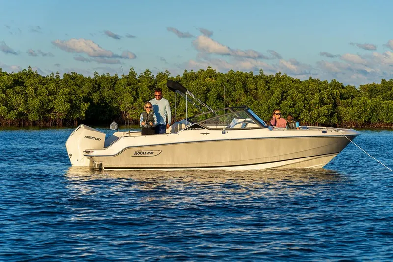 Slide: The Image of 2024 Boston Whaler 210 Vantage boat on calm water with passengers. - 28