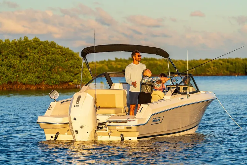 Slide: The Image of 2024 Boston Whaler 210 Vantage boat on water, people fishing, sunny day. - 29