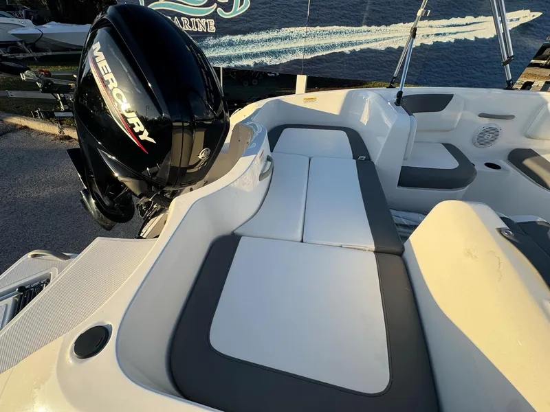 Slide: The Image of 2025 Bayliner Element E16 boat with Mercury engine, featuring spacious seating and modern design. - 8