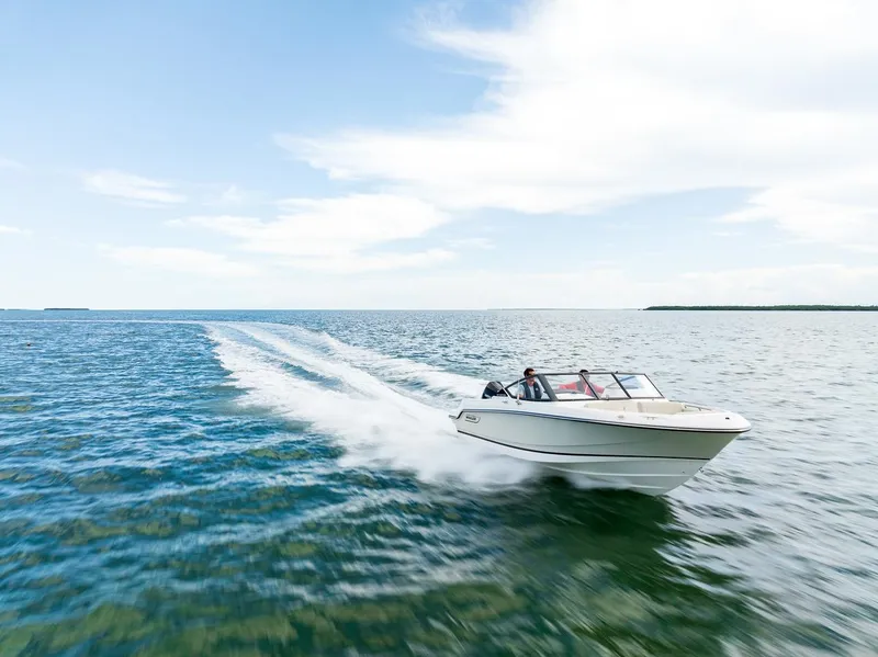 Slide: The Image of 2025 Boston Whaler 210 Vantage cruising on open water under a clear blue sky. - 22