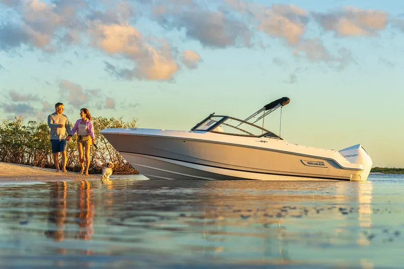 Slide: The Image of 2025 Boston Whaler 210 Vantage on serene beach at sunset with couple and dog. - 38