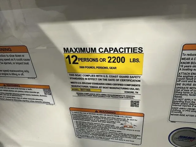 Slide: The Image of Yamaha AR250 2025 boat capacity label: 12 persons or 2200 lbs. - 19