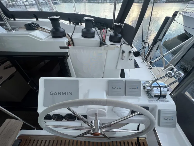 Slide: The Image of Floor plan of 2022 Fountaine Pajot Aura 51 catamaran, showcasing cabin layout and interior design. - 59