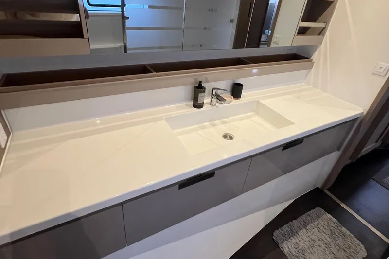 Slide: The Image of Interior view of 2022 Fountaine Pajot Aura 51 catamaran with skylights and modern design. - 45