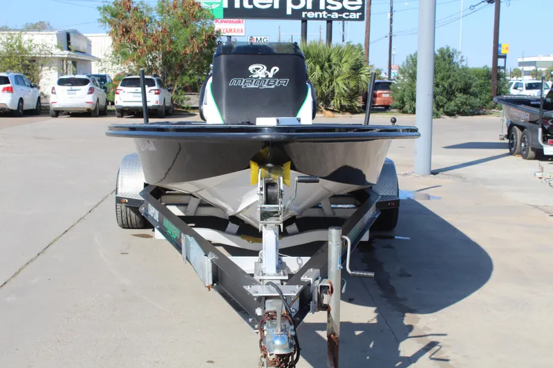 Slide: The Image of 2023 Mamba 227VX boat deck with custom design and trolling motor. - 2