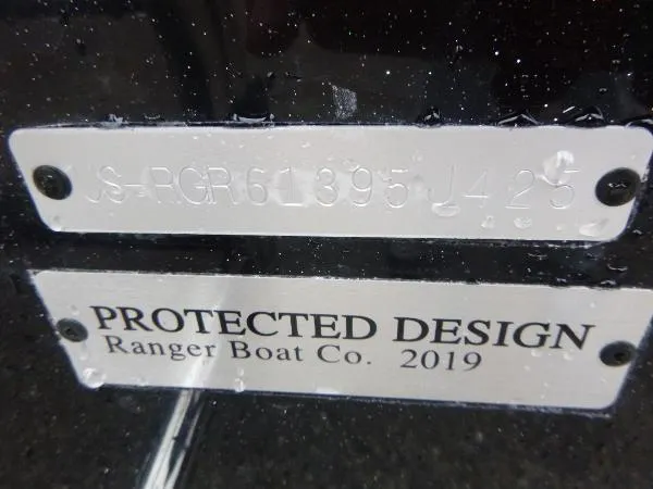 Slide: The Image of 2025 Ranger 622FS Pro boat with protected design plate, serial number visible. - 38
