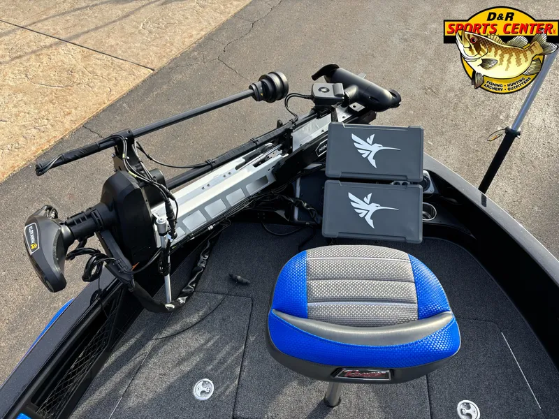 Slide: The Image of 2025 Ranger 1880MS boat deck with blue seat and trolling motor, D&R Sports Center logo. - 9