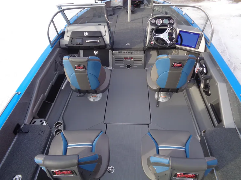 Slide: The Image of 2025 Ranger 621FS Cup Equipped boat interior with modern seating and dashboard. - 12