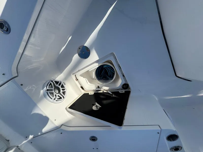 Slide: The Image of 2022 Sea Fox 328 boat interior with storage compartment and speaker. - 31