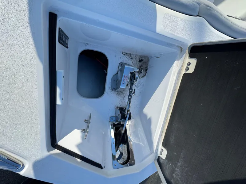 Slide: The Image of Sea Fox 328 boat compartment, 2022 model, featuring storage and hardware components. - 32