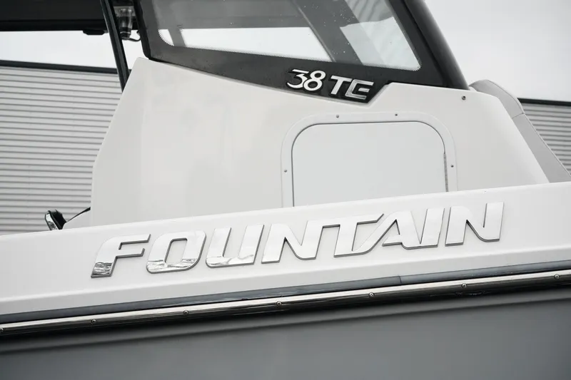 Slide: The Image of 2023 Fountain Bluewater 38 Tournament Edition boat, close-up of logo and model name. - 14