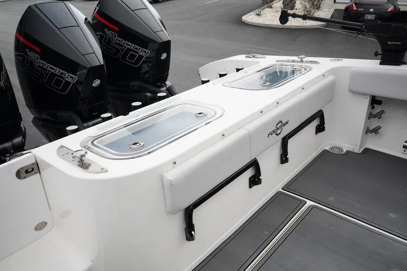 Slide: The Image of 2023 Fountain Bluewater 38 Tournament Edition boat with dual Mercury engines. - 18