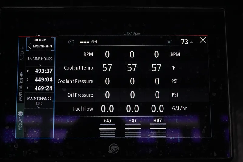 Slide: The Image of Dashboard display of 2023 Fountain Bluewater 38 Tournament Edition boat engine metrics. - 29