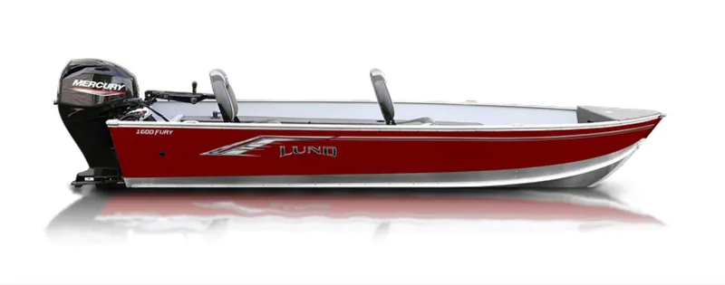 Slide: The Image of 2025 Lund 1600 Fury Tiller boat, red exterior, side view with Mercury engine. - 25