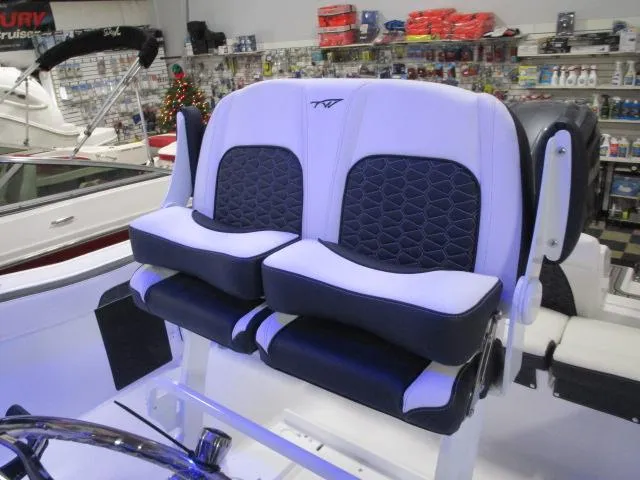 Slide: The Image of 2025 Tidewater 220 LXF boat seats in showroom, featuring modern design and comfortable upholstery. - 10