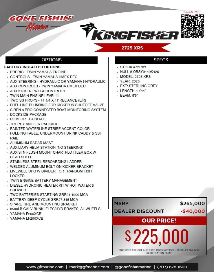 Slide: The Image of 2025 KingFisher 2725 XRS boat brochure with specifications and pricing details. - 51