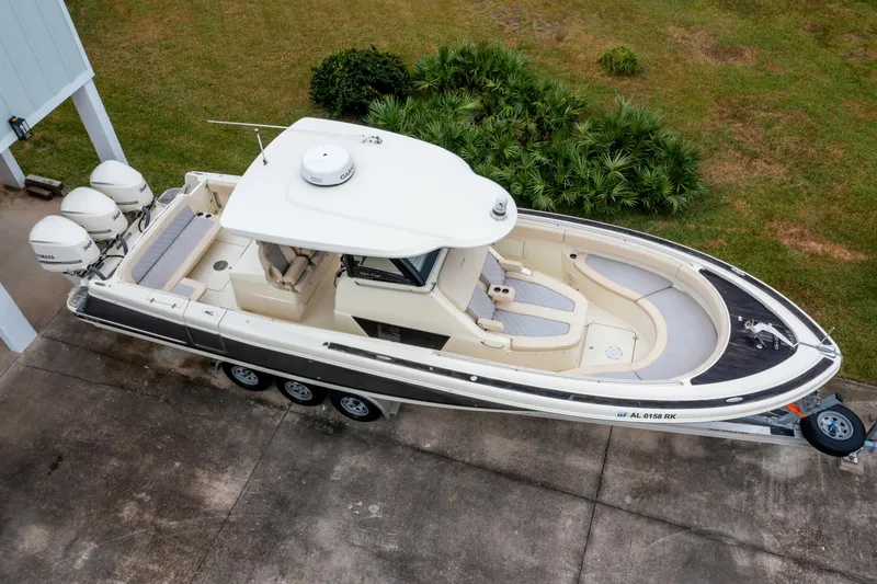 Slide: The Image of 2018 Chris-Craft Catalina 34 boat on trailer, aerial view. - 32