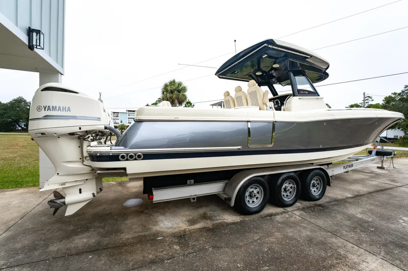Slide: The Image of 2018 Chris-Craft Catalina 34 boat with Yamaha engine on a trailer. - 5