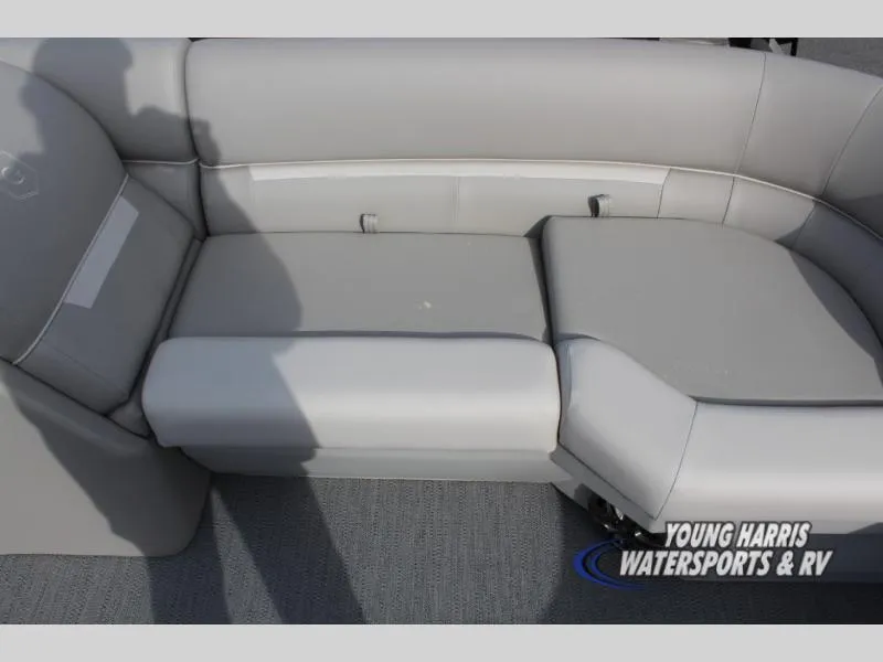 Slide: The Image of 2025 Godfrey Sweetwater 2286SBX boat seating, gray upholstery, Young Harris Watersports & RV logo. - 8