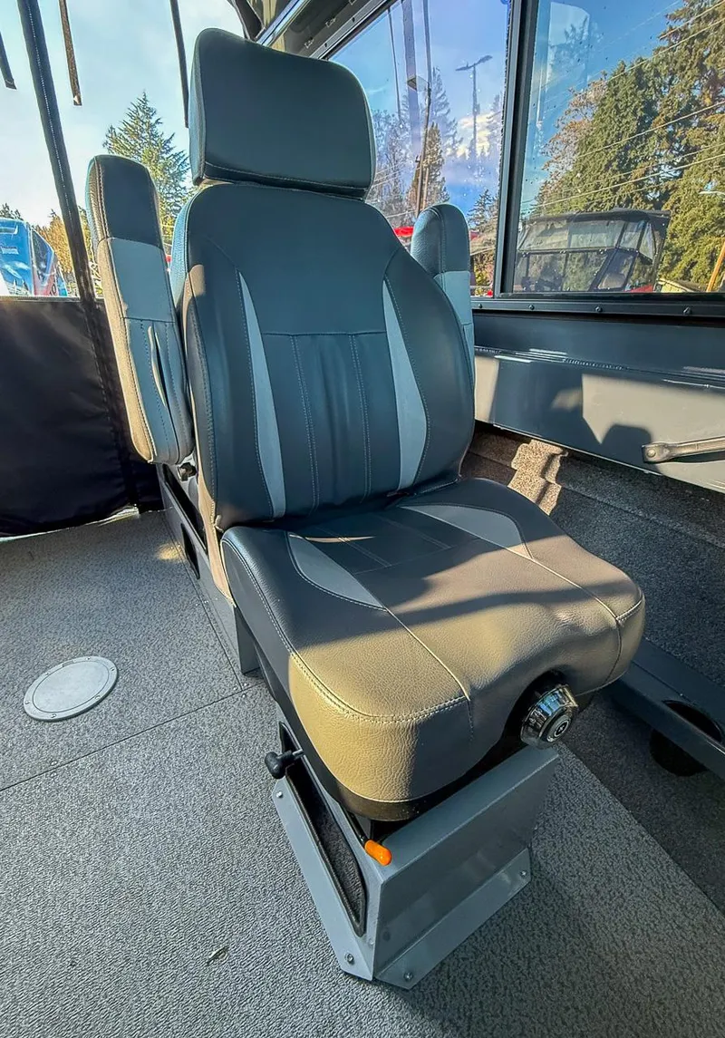 Slide: The Image of 2021 Hewescraft 220 Ocean Pro Hard Top interior seat, gray upholstery, natural light. - 10