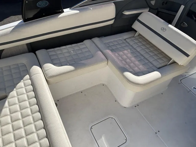 Slide: The Image of 2017 Cobalt R5 boat interior with cushioned seating and sleek design. - 18