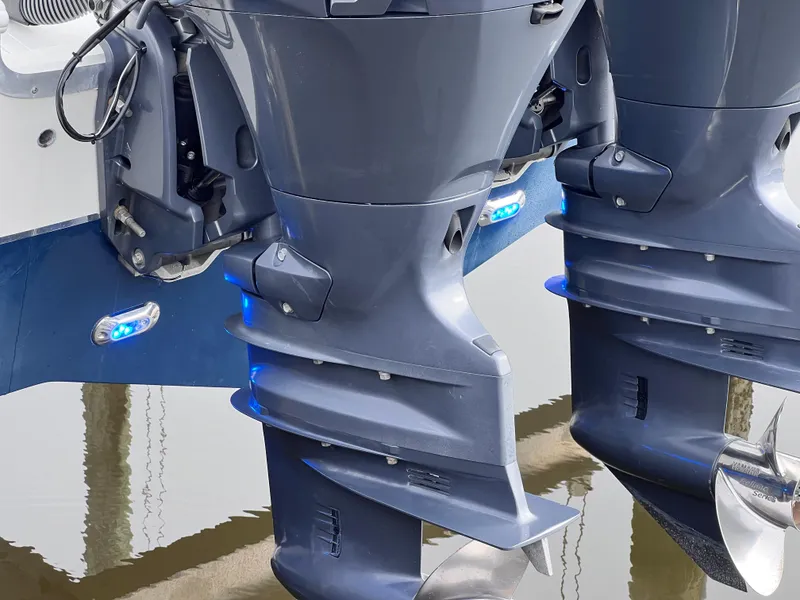 Slide: The Image of Close-up of dual outboard motors on a 2017 Sea Hunt Gamefish 25 boat. - 46