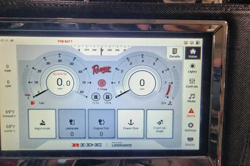 Slide: The Image of Dashboard of 2025 Ranger Z520R Cup-Equipped boat with digital gauges and controls. - 11