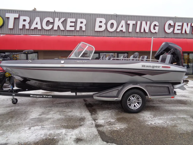 Slide: The Image of 2025 Ranger 1880MS boat at Tracker Boating Center, on trailer. - 0