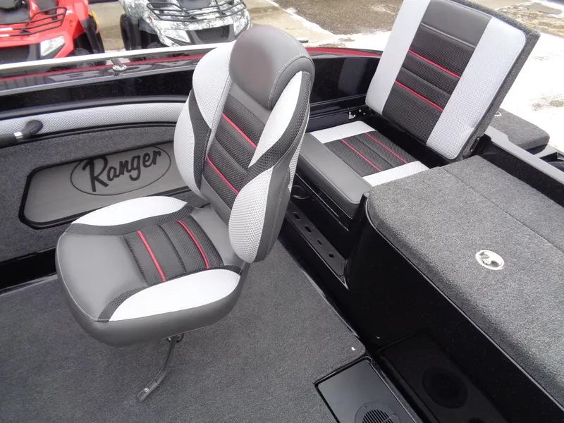 Slide: The Image of 2025 Ranger 1880MS boat interior with stylish seating and modern design. - 11