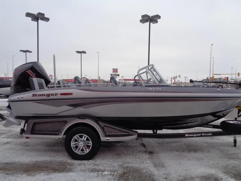 Slide: The Image of 2025 Ranger 1880MS boat on trailer in parking lot, side view. - 4