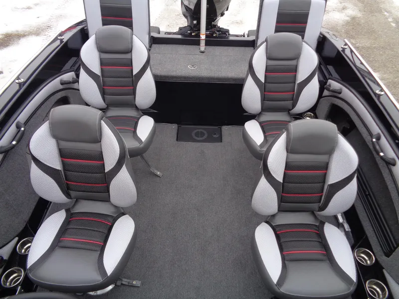 Slide: The Image of 2025 Ranger 1880MS boat interior with four gray and black seats. - 7