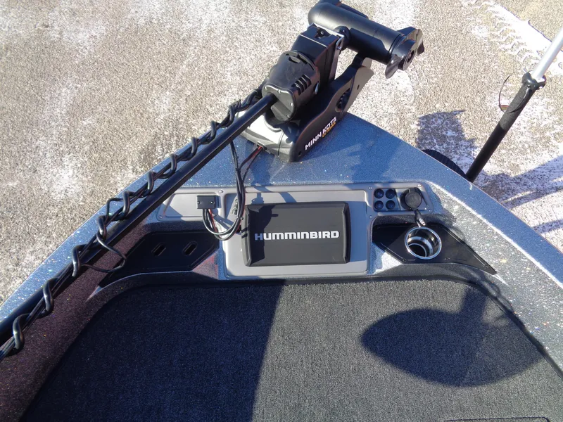 Slide: The Image of Ranger 1880MS 2025 boat dashboard with Humminbird fish finder and trolling motor. - 12