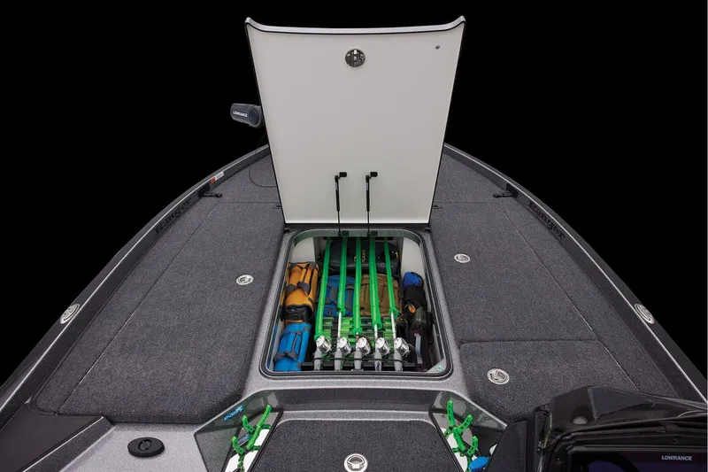 Slide: The Image of 2025 Ranger Z520R Cup-Equipped boat storage compartments with Ranger Boats branding. - 19