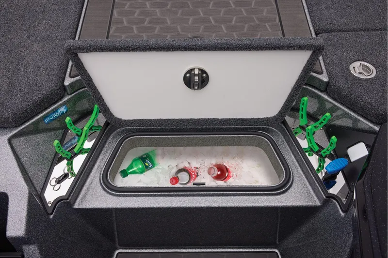 Slide: The Image of 2025 Ranger Z520R Cup-Equipped boat storage compartments with various items inside. - 28