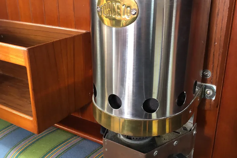 Slide: The Image of Stainless steel heater in 1985 Tayana 37 yacht interior. - 19