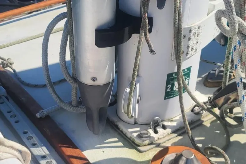 Slide: The Image of Close-up of 1985 Tayana 37 sailboat deck with rigging and fittings. - 23