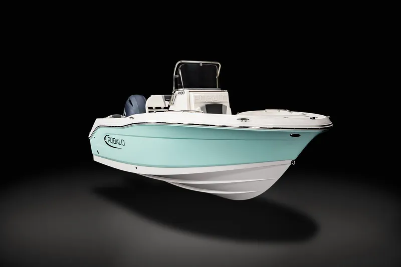 Slide: The Image of 2024 Robalo R180 Center Console boat with sleek design on black background. - 11